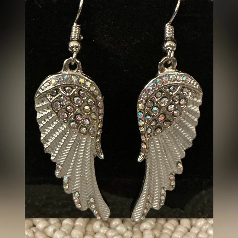 Whimsigoth Angel Fairy Wing Earrings Silvertone Iridescent Biker Rodeo Festival